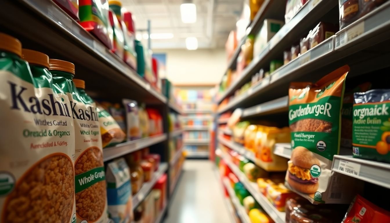 Close-up of health food aisle in grocery store, highlighting hidden unhealthy additives.