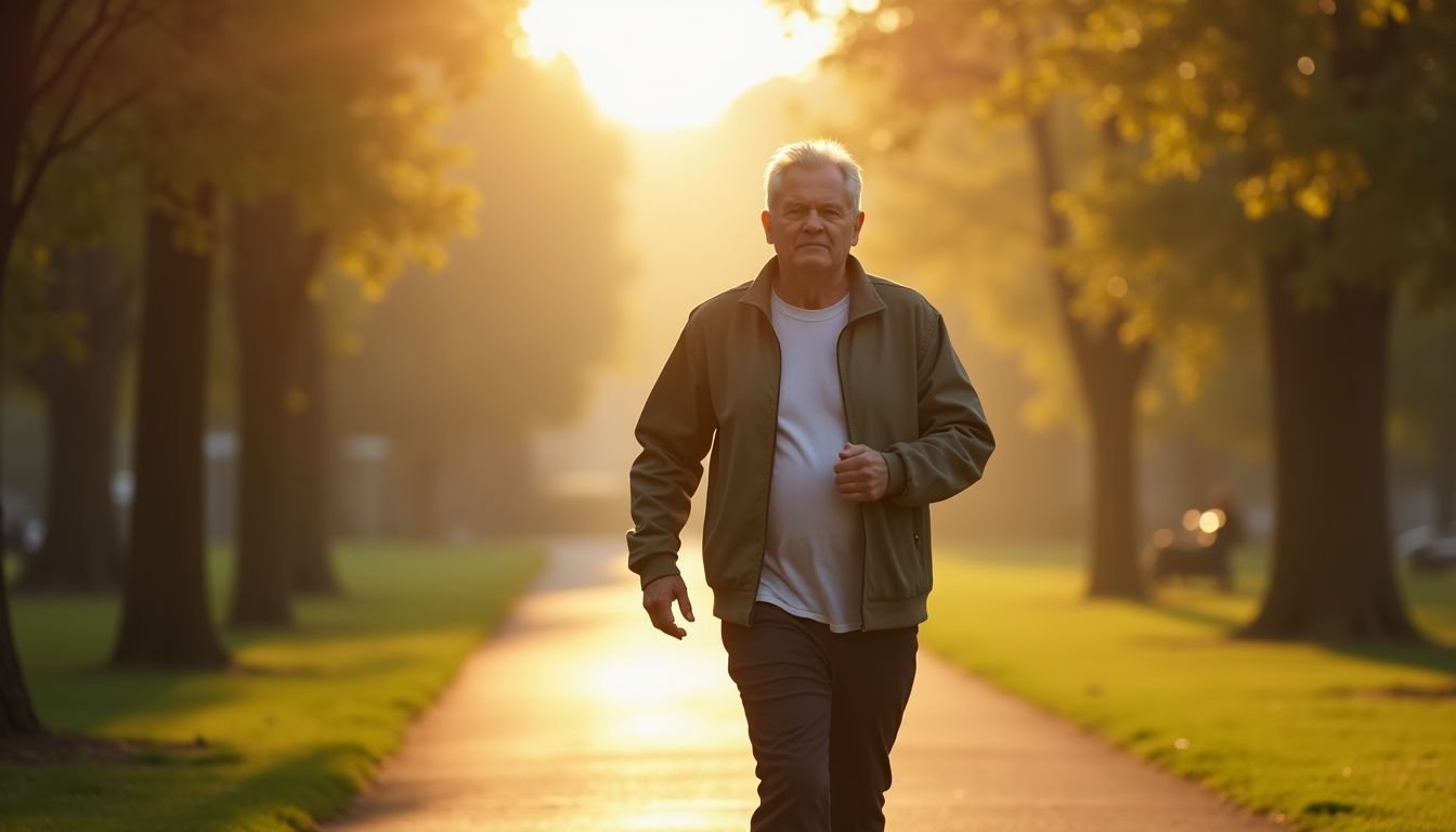 A middle-aged person briskly walking in a park during morning.