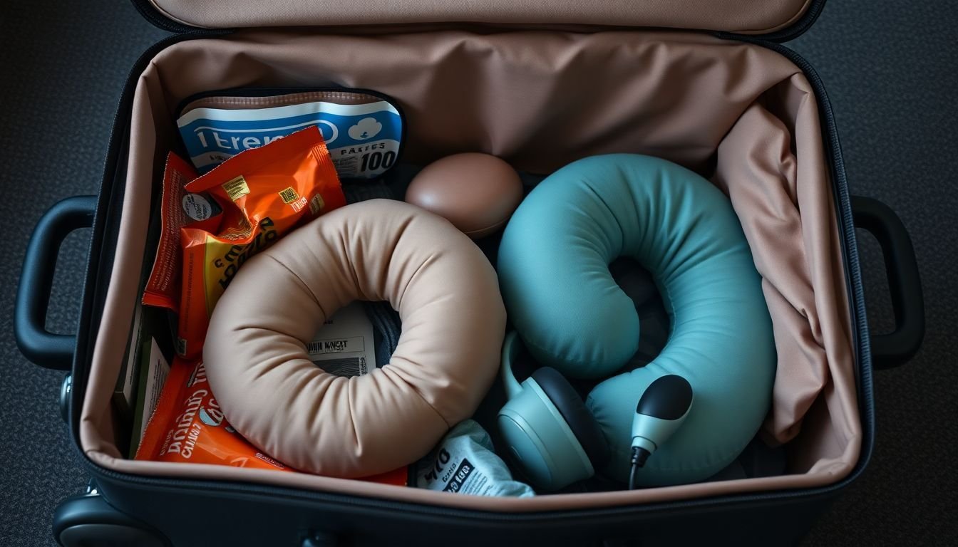 A packed suitcase with travel essentials in natural lighting.