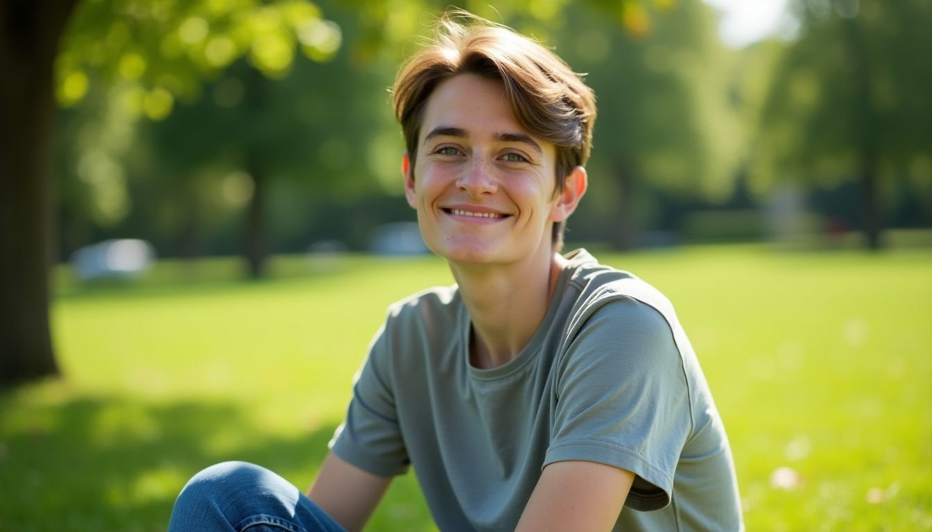 A person sitting in a green park on a sunny day.