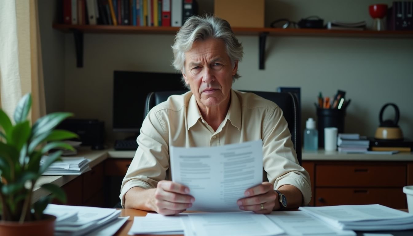 A person sits at a cluttered desk, looking confused at credit card statements.