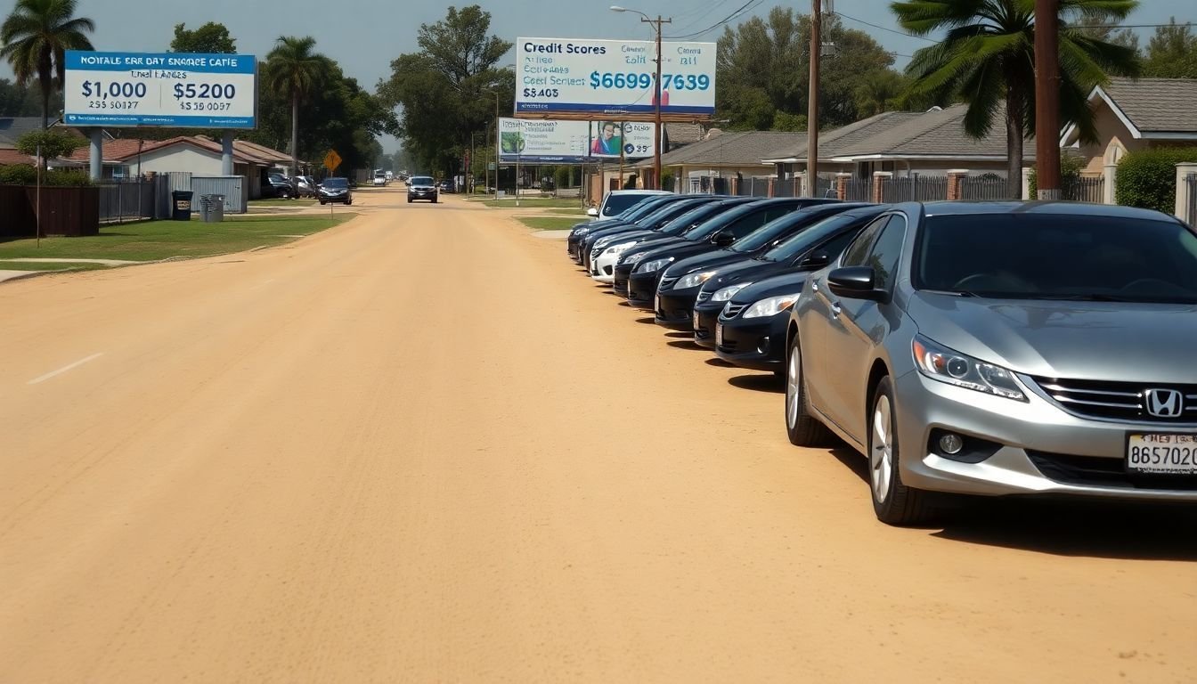 A suburban street with parked cars and a credit score billboard.