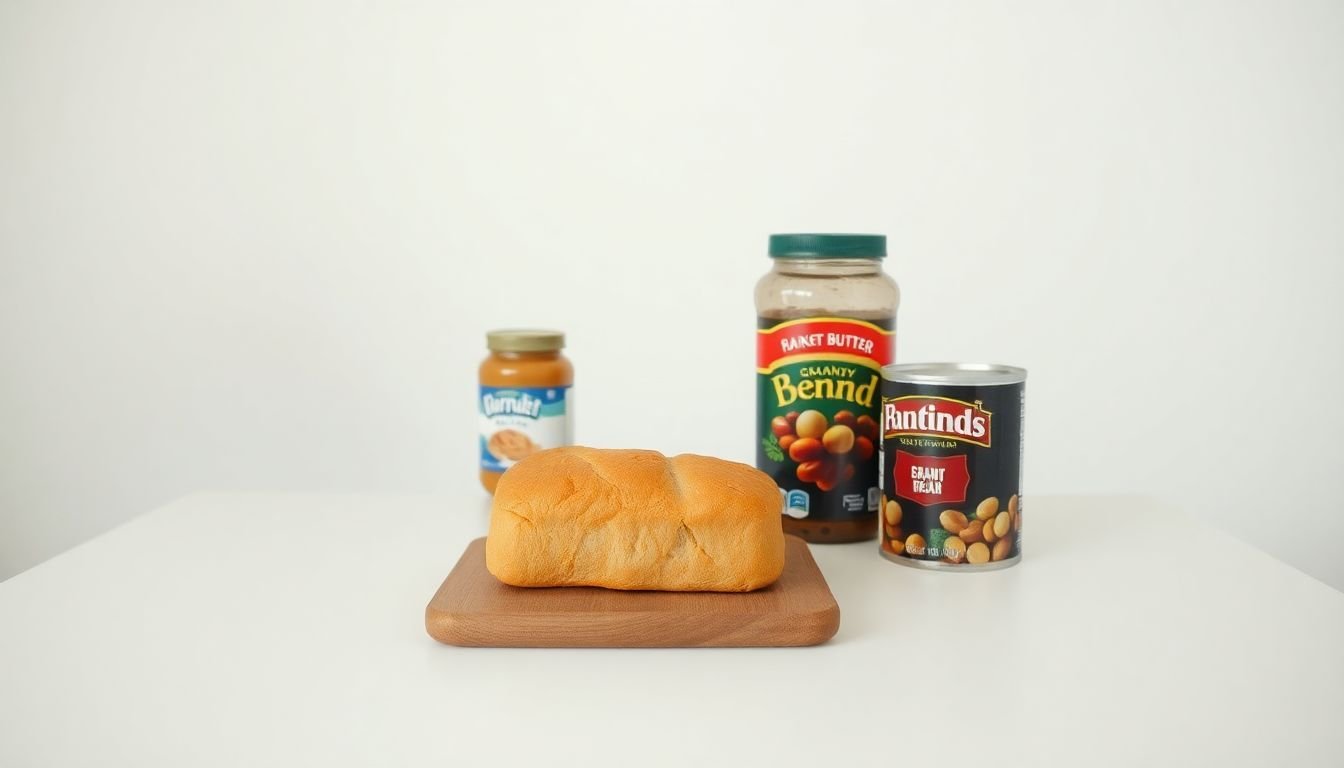 A simple kitchen table with bread, peanut butter, and canned beans.