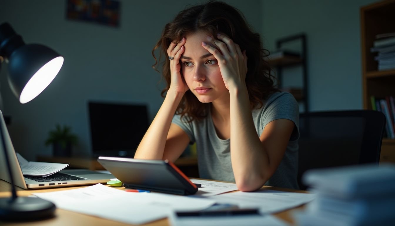 A young adult overwhelmed by financial stress sits at a cluttered desk.