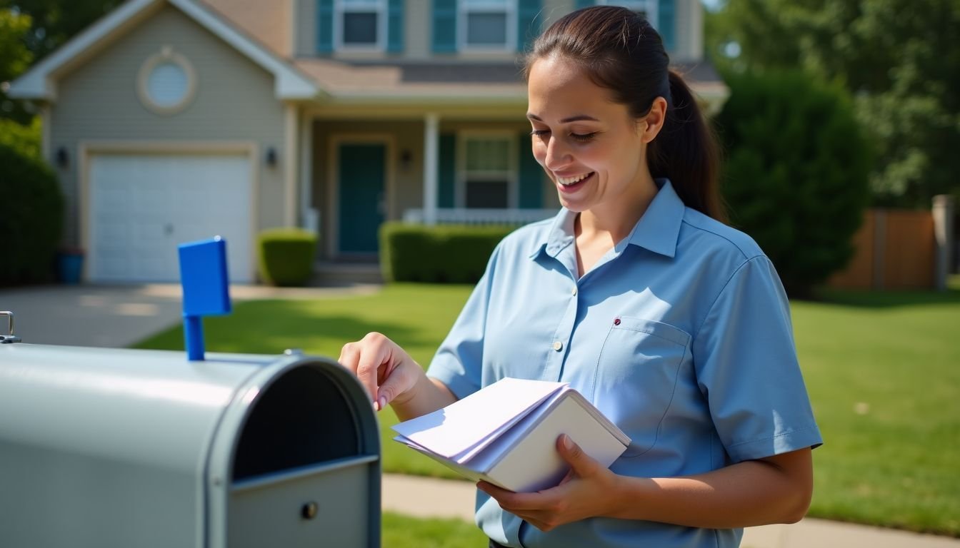 A mail carrier placing envelopes in a residential mailbox on a sunny afternoon.