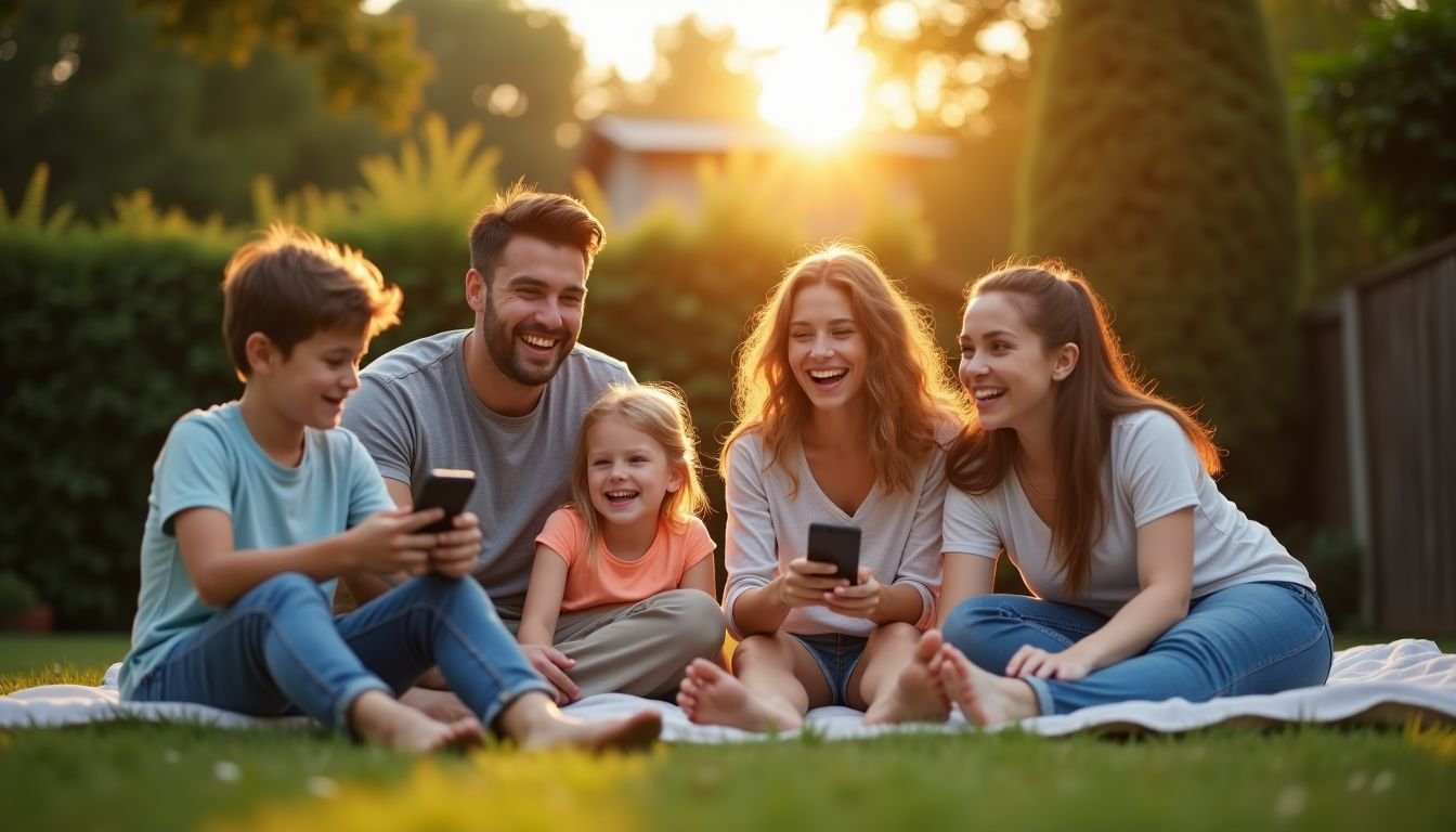 A family of four enjoying a relaxed evening in their backyard.