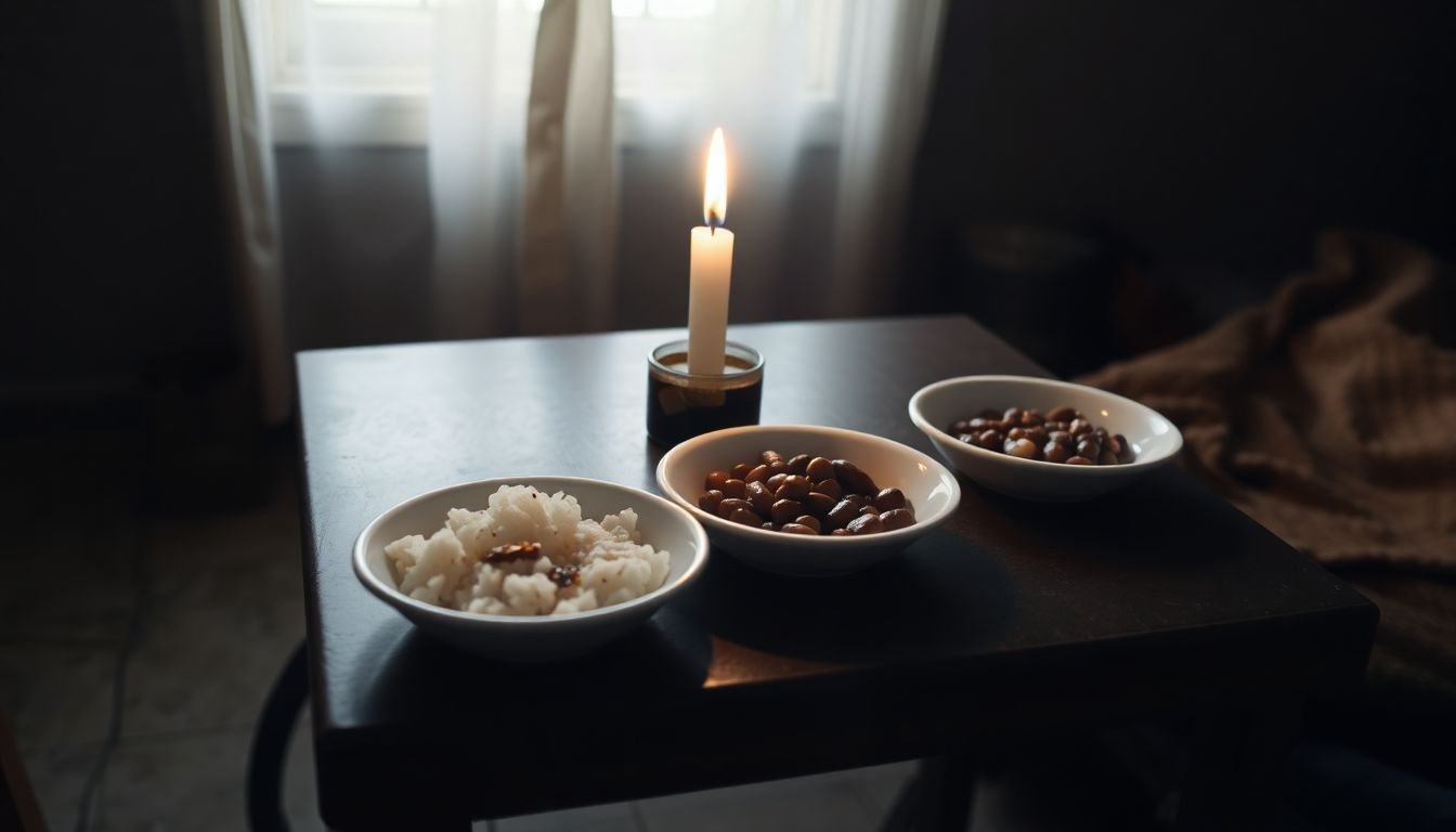 A simple meal of rice and beans with a candlelit ambiance.