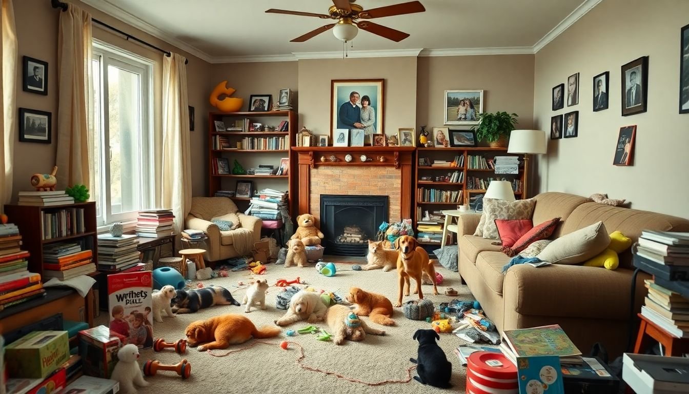 A cluttered living room with scattered pet toys, children's books, and family photos.