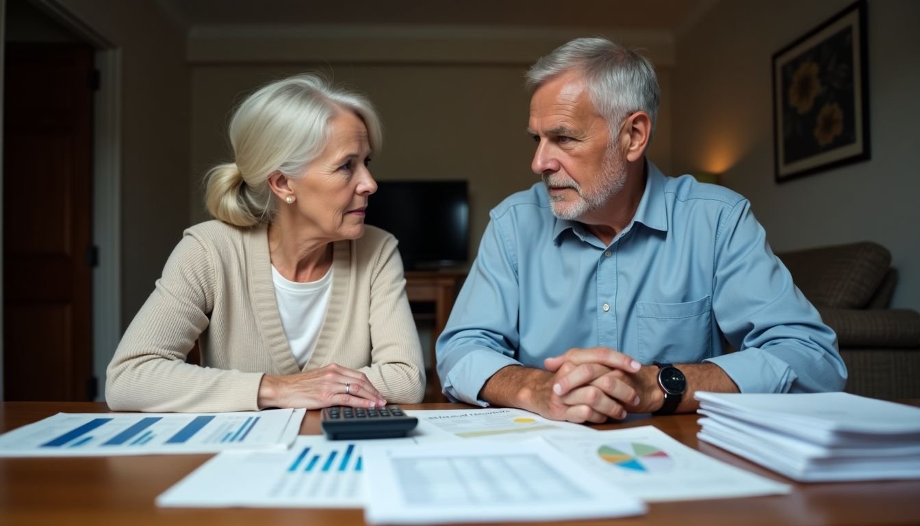 Elderly couple discussing retirement finances surrounded by paperwork and calculators.