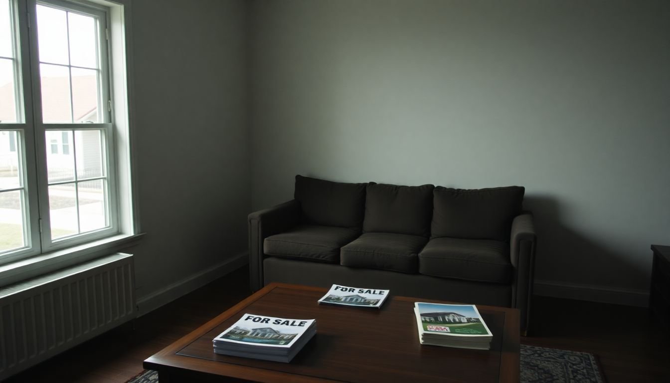 An empty living room with real estate brochures and a 'For Sale' sign.