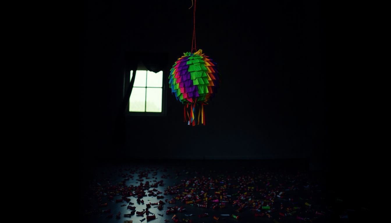 A colorful piñata hangs in a dimly lit room with scattered candy wrappers.