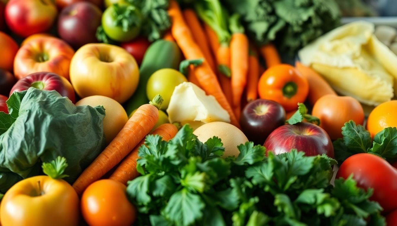 A close-up of assorted fresh organic fruits and vegetables in natural light.