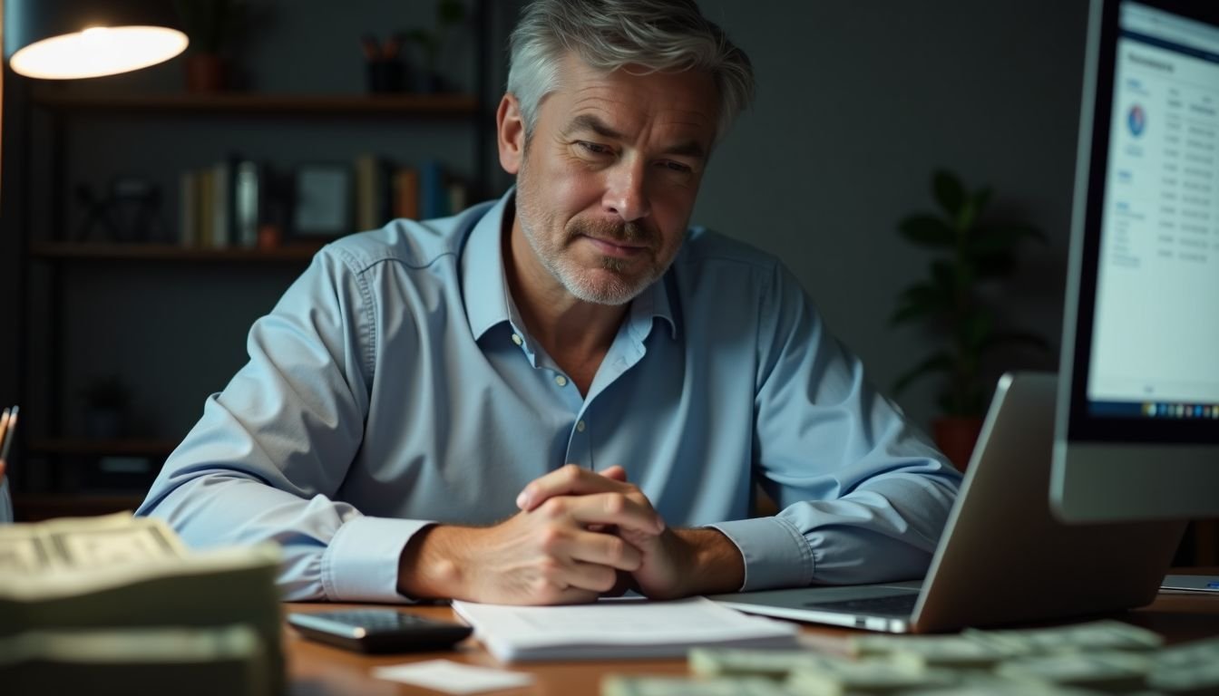 A middle-aged man sitting at a cluttered desk reflecting on a cash windfall.