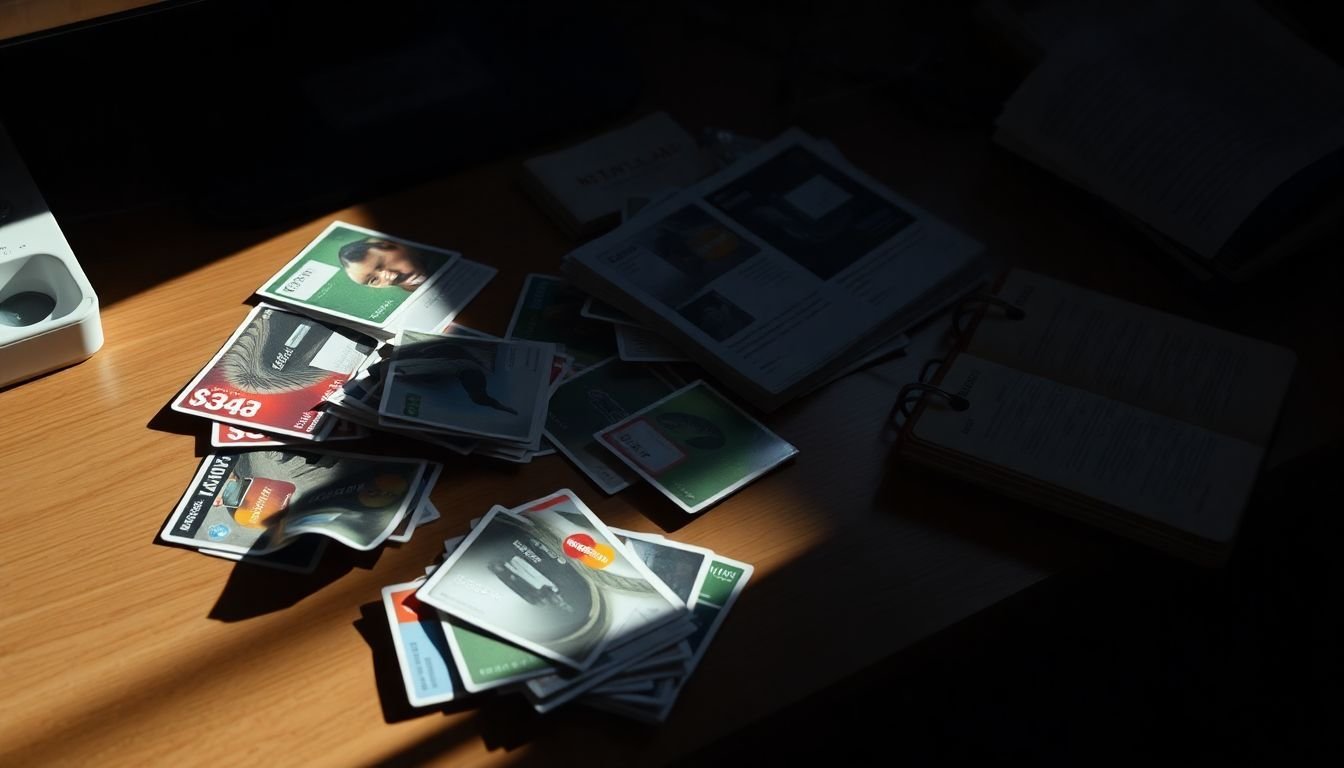 A cluttered desk with scattered credit card offers in natural light.