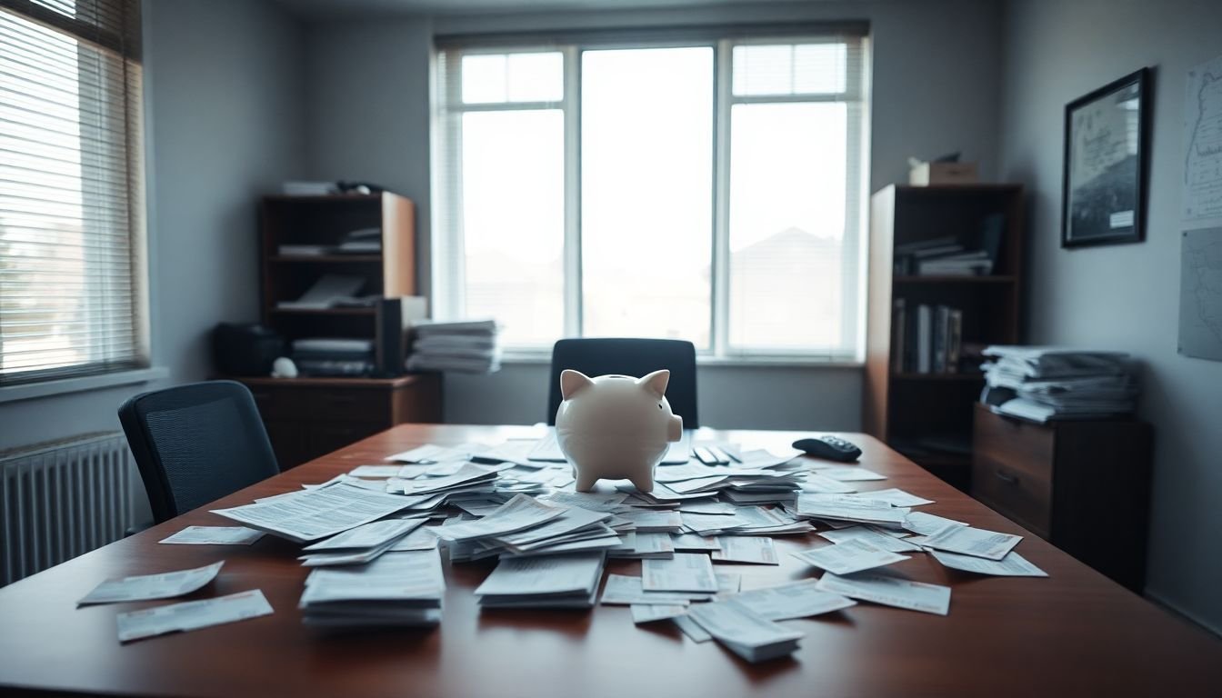 An empty office desk with scattered bills and a nearly empty piggy bank.