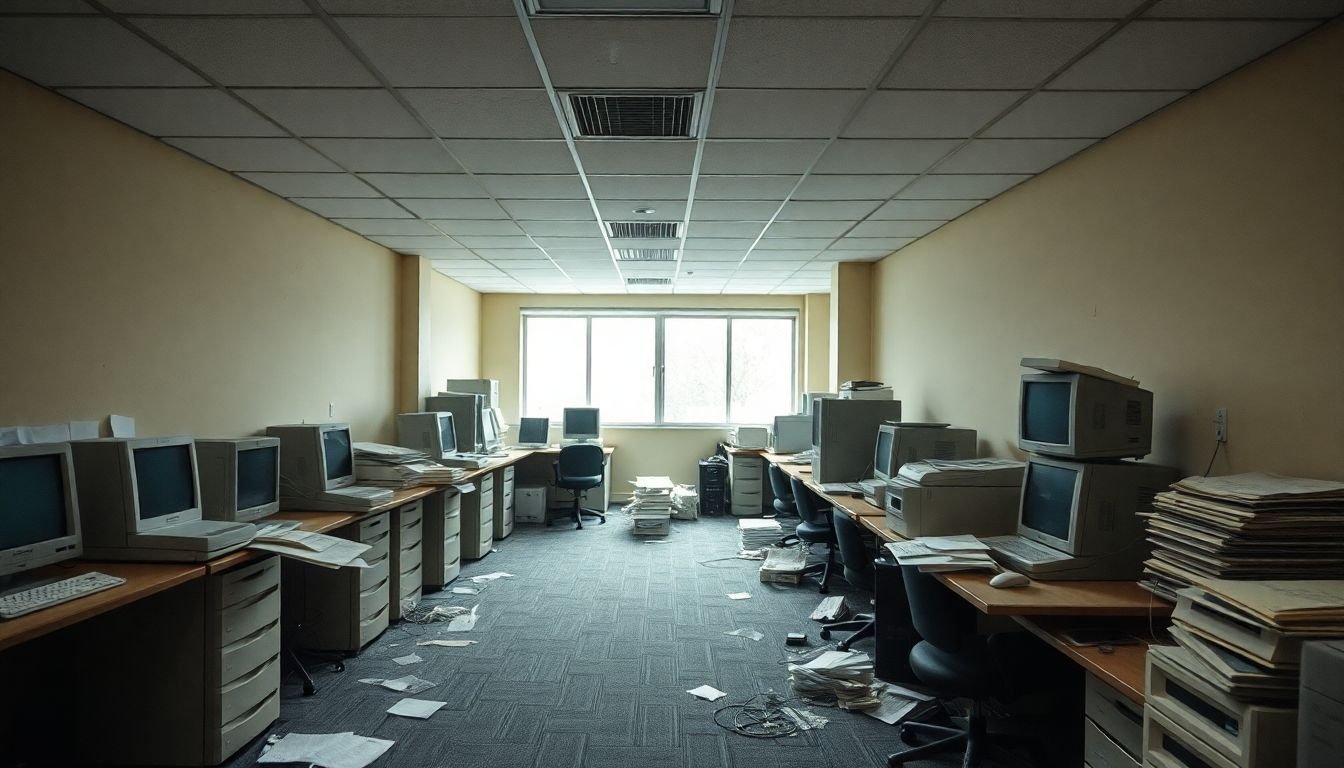 Abandoned office filled with old equipment and neglected paperwork after coding error.